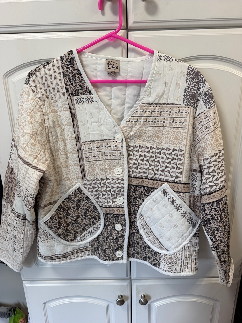 Como Vintage Quilted Patchwork Jacket MEDIUM Cream & Brown Print. Delightful!